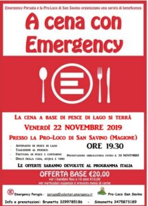 Magione, venerdì 22 novembre tutti "A cena con Emergency"