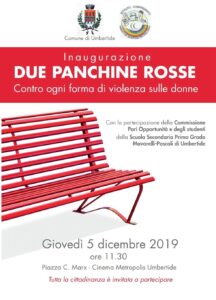 Due panchine rosse a Umbertide per dire basta alla violenza sulle donne